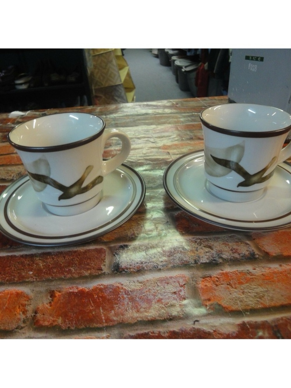 Classic White Ceramic Teacup and Saucer Set with Brown Accent - 2 Pieces